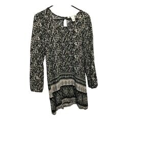American Rag Top M Black White Paisley Boho Blouse Long Sleeve Keyhole Casual